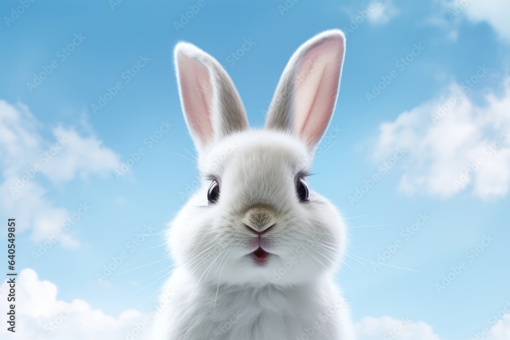 Cute Rabbit on Cloudy Sky, Joyful Bunny on Blue Sky Background Cute Rabbit on Cloudy Sky, Joyful Bunny on Blue Sky Background