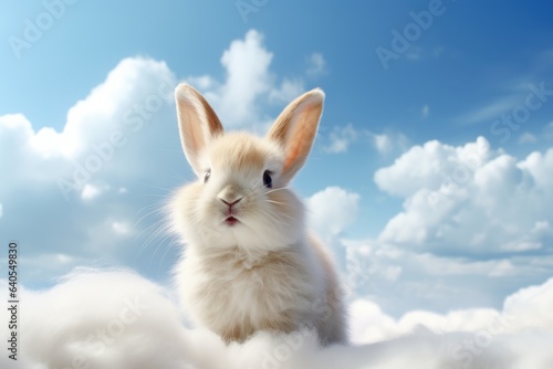 Cute Rabbit on Cloudy Sky, Joyful Bunny on Blue Sky Background © CYBERUSS