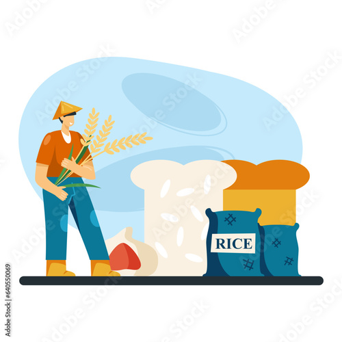 Asian worker in traditional hat holding rice ears, standing near large rice flour bread and bag of rice. Production of rice products concept. Flat vector illustration in cartoon style