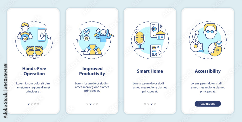 2D icons representing voice assistant mobile app screen set. Walkthrough 4 steps multicolor graphic instructions with thin line icons concept, UI, UX, GUI template.