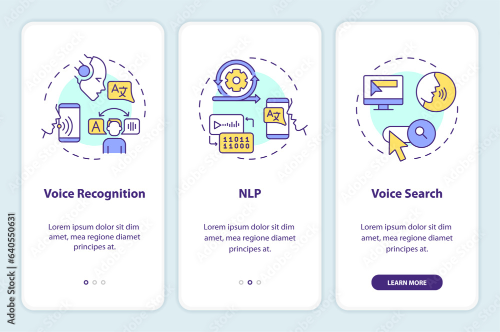 2D icons representing voice assistant mobile app screen set. Walkthrough 3 steps colorful graphic instructions with line icons concept, UI, UX, GUI template.