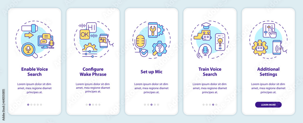 2D icons representing voice assistant mobile app screen set. Walkthrough 5 steps colorful graphic instructions with linear icons concept, UI, UX, GUI template.