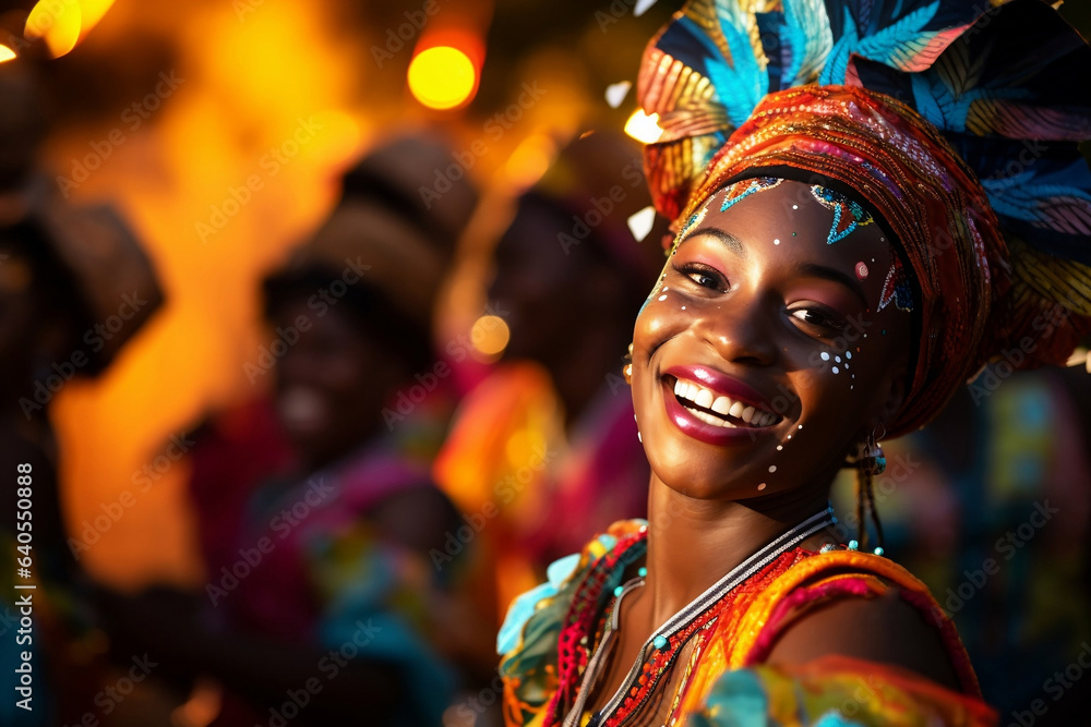 Close-up View of a Woman in a Carnival Costume at a  Cultural Festivity. An African Lady Smile at Carnival Festival. Cultural Diversity and Lively Traditions of a Local Festival. 