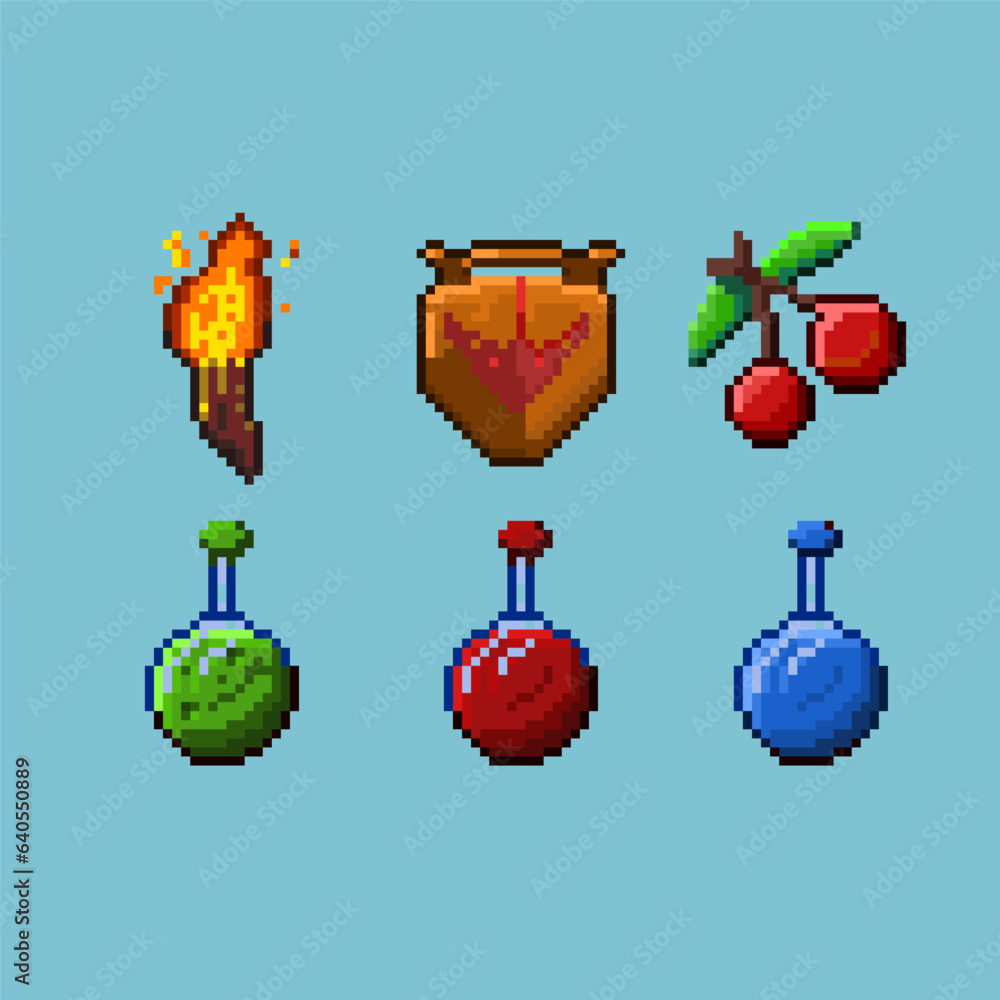Pixel art sets of dugeon items. Torch,shield,red cherry,green potion,red potion,and blue potion