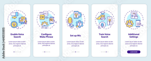 2D icons representing voice assistant mobile app screen set. Walkthrough 5 steps colorful graphic instructions with linear icons concept, UI, UX, GUI template.