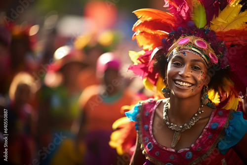 Close-up View of a Woman in a Carnival Costume at a  Cultural Festivity. An African Lady Smile at Carnival Festival. Cultural Diversity and Lively Traditions of a Local Festival.  © DONWIZS
