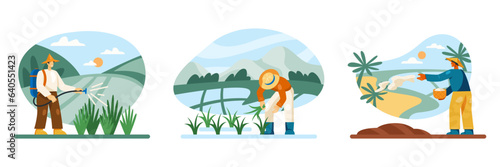 Man in uniform spraying rice bushes with special solution or fertilizer. Worker working on rice plantation. Man sowing rice in field. Vector illustration in cartoon style
