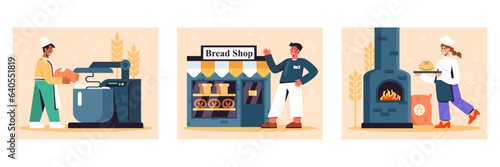 Set of bakers working in kitchen. Bread baking industrial process concept. Machinery Production. Bake bread in oven. Modern manufacture with equipment. Vector Illustration in cartoon style