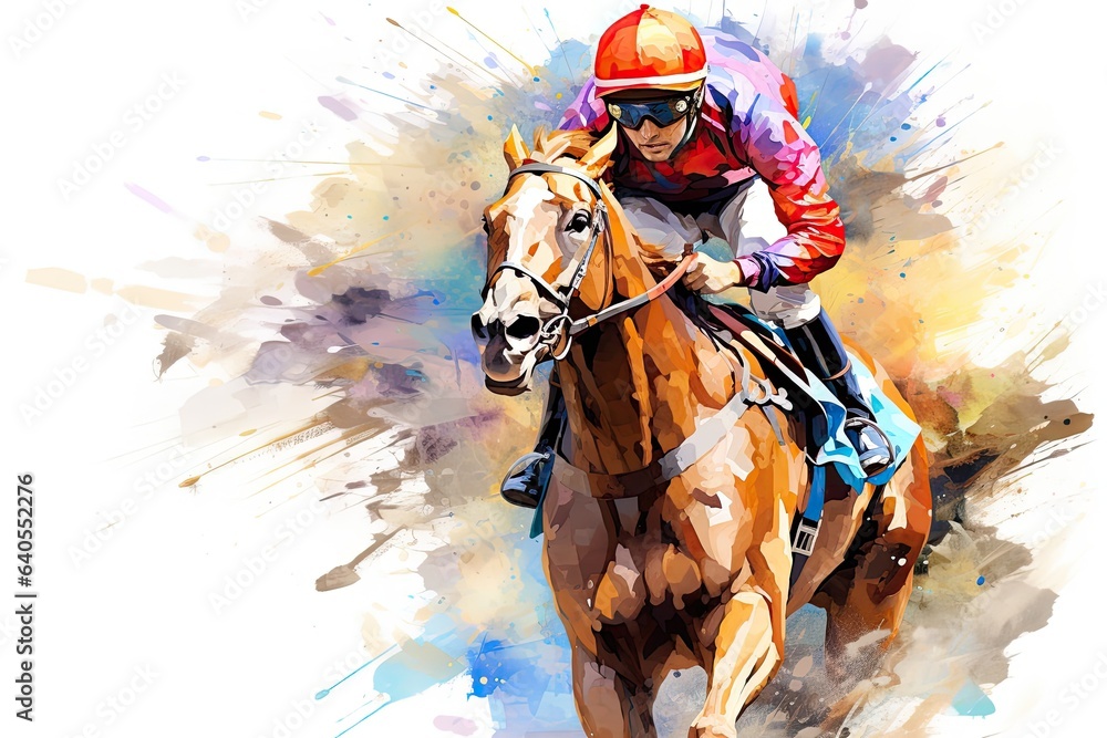 Horse jockey riding on a racecourse, watercolor painting, Abstract racing horse with jockey from splash of watercolors, AI Generated - obrazy, fototapety, plakaty 