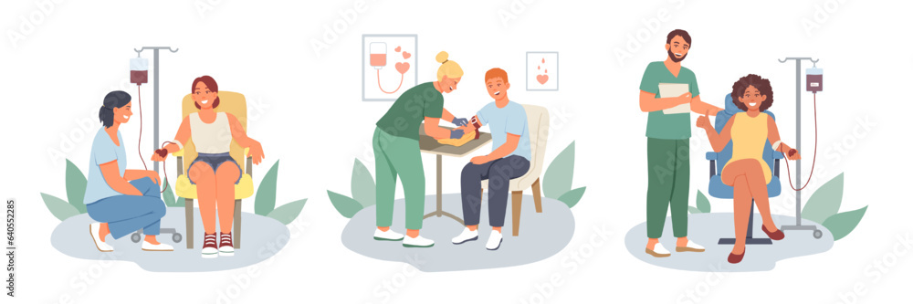 Beautiful lady sitting in chair and donating blood, doctor standing near. Doctor collects blood from man. Volunteering organization members. Lifesaving impact of blood. Vector flat illustration Beautiful lady sitting in chair and donating blood, doctor standing near. Doctor collects blood from man. Volunteering organization members. Lifesaving impact of blood. Vector flat illustration