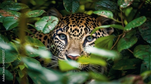 Jaguar stealthily moving through the dense foliage of the jungle. AI generated