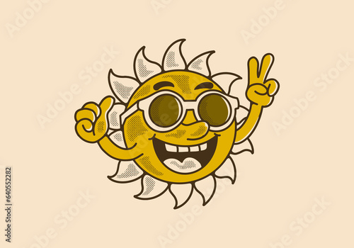 mascot character design of a sun wearing sunglasses with happy expression