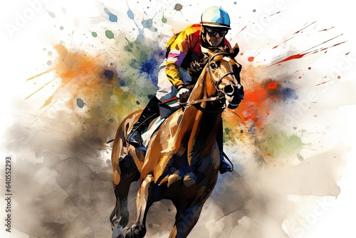Jockey riding a horse on a racecourse. Colored watercolor splash. Abstract racing horse with jockey from splash of watercolors, AI Generated