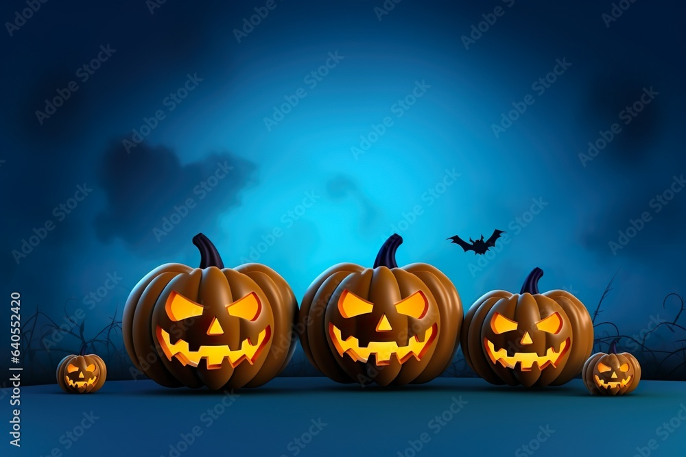 spooky halloween pumpkins illuminated inside with blue halloween concept background spooky halloween pumpkins illuminated inside with blue halloween concept background