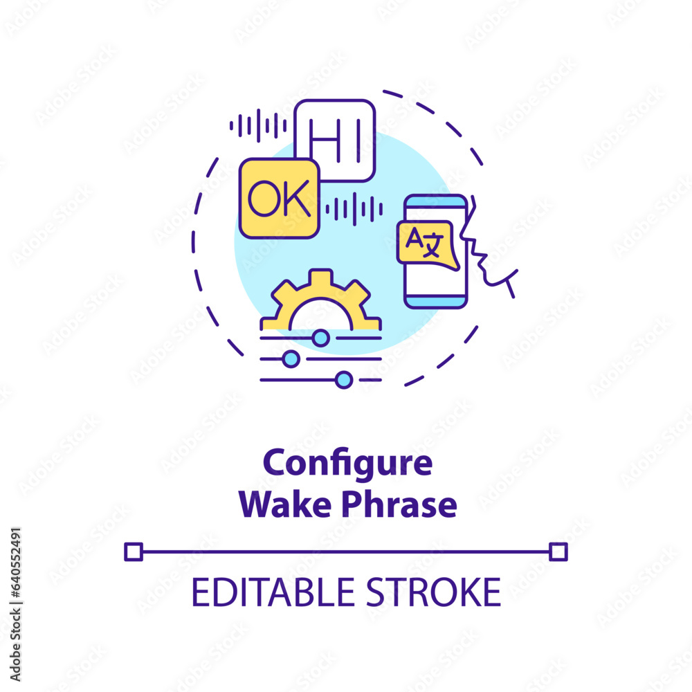 2D editable configure wake process thin line icon concept, isolated vector, multicolor illustration representing voice assistant.