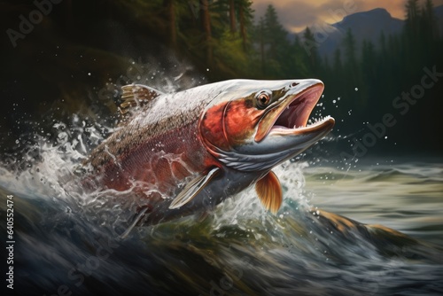 3d illustration of a big salmon fish jumping out of the water, Action shot of a salmon jumping out of the water in a clear stream, AI Generated