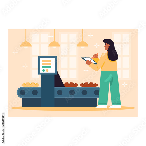 Yong lady in uniform holding clipboard and pencil, checking quality of bread in factory. Worker controls baking process of long loaf in bakery. Vector illustration in blue and yellow colors
