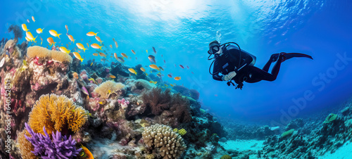 Underwater sea in sunlight  coral  and sea fish tropical blue ocean underwater background