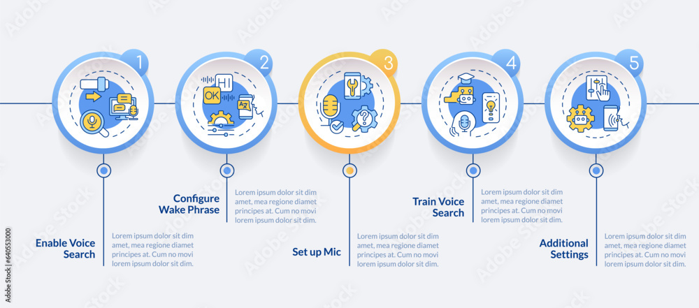 2D voice assistant vector infographics template with multicolor icons, data visualization with 5 steps, process timeline chart.