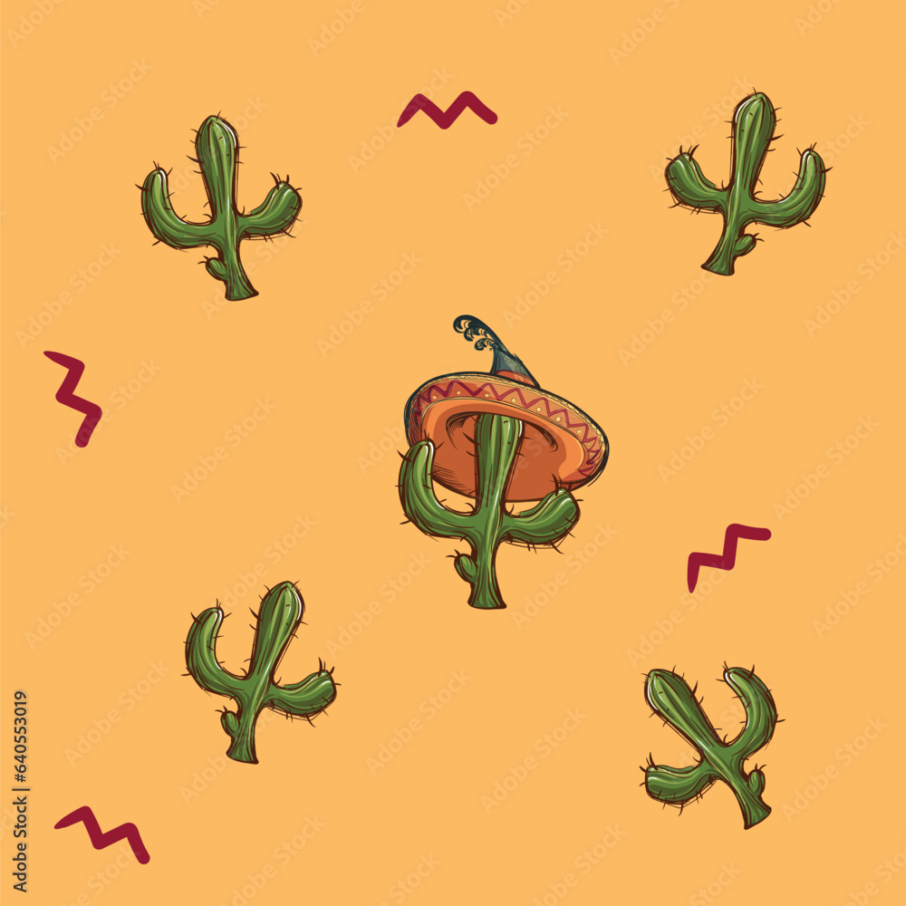 Fototapeta premium Mexican ornament with sketch style hand drawn cactuses wearing sombreros. Mexican color palette. Seamless pattern. EPS10 vector illustration