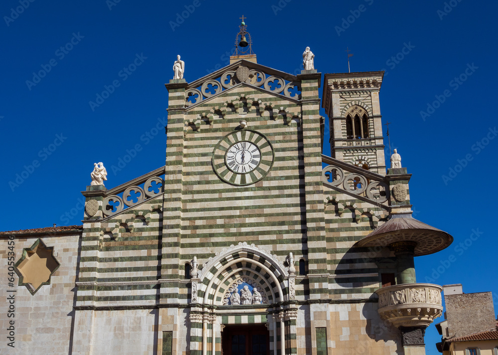 Cathedral of Saint Stephen in Prato gothica facade with the beautiful external pulpit decorated by the famous Italian renaissance artist Donatello