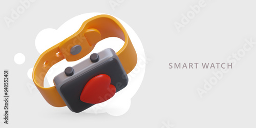 3D smart watch. Fitness bracelet with heart on screen. Color wristband. Health control during physical exercises. Heart rate measurement. Cardio hardening