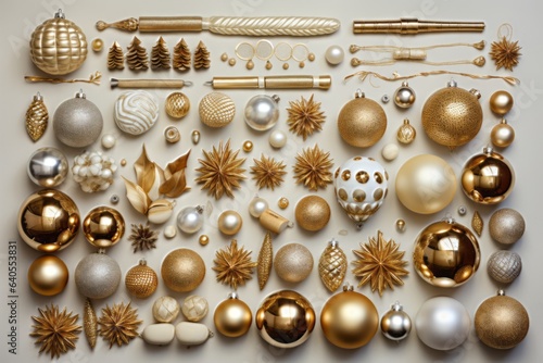 top view of a set of golden Christmas decorations