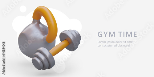 Gym time. Realistic kettlebell and dumbbell. Heavy accessories for training arm muscles. Horizontal poster with space for text. Invitation template to gym, fitness club, exercise center