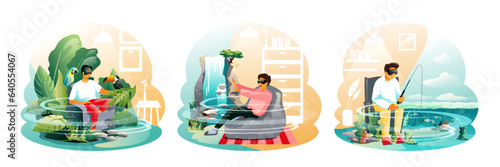 Male sitting in couch in jungle near parrot and toucan. Male looking at waterfall from home. Fisherman fishing in sea from home. People in virtual reality concept. Flat vector illustration