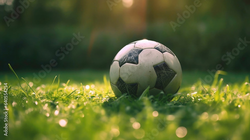Close-up of a soccer ball on the vibrant green field