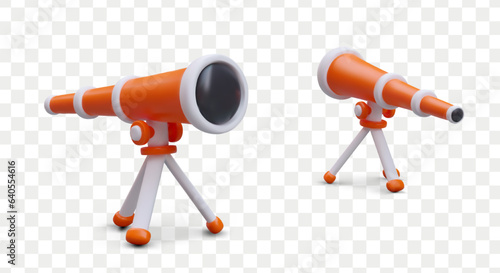 3D telescope in cartoon style. Front and back view. Optical device for surveillance, espionage. Astronomer device. Planetarium equipment. Colored vector icons