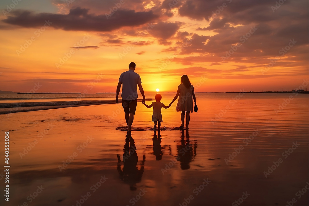 Happy Asian family travel ocean on summer holiday vacation. Parents and children kid enjoy and fun outdoor activity lifestyle walking and playing together at tropical island beach at summer sunset.