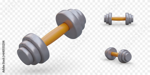 Set of realistic dumbbells, view from different sides. Heavy accessories for training arm muscles. Equipment for gym, fitness club. Sports icons. Isolated vector images