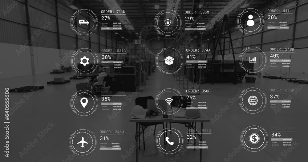 Animation of icons with data processing over warehouse Animation of icons with data processing over warehouse