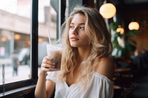 Woman Eats Ice Cream In In A Cafe In New York