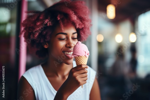 African Woman Eats Strawberry Ice Cream In In A Cafe In The Bahamas