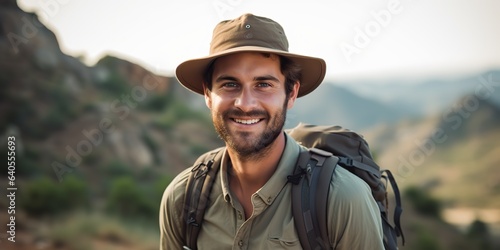 AI Generated. AI Generative. Handsome man in hat backpack trekking hiking portrait landscape adventure outdoor. Graphic Art