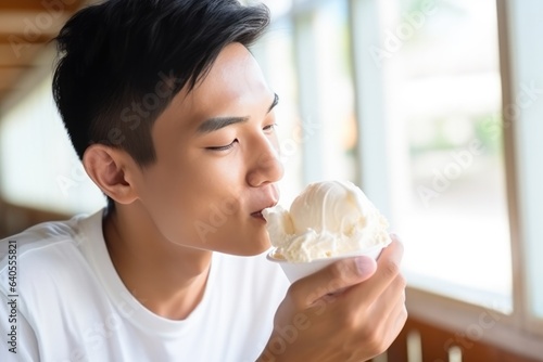 Boy Eats Vanilla Ice Cream In Cafe In Thailand