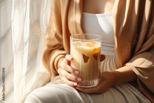 unrecognizable woman holding iced coffee in glass, beige tones, natural light. AI Generated