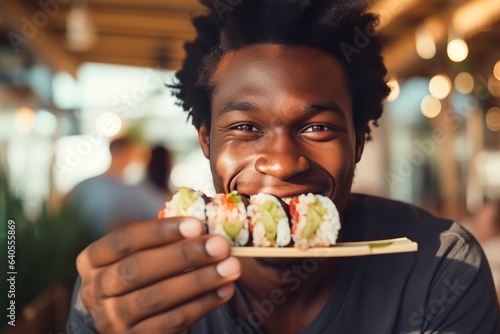 Happiness African Man Eats Sushi In In Desert Cafe