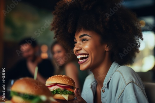Happiness African Woman Eats Burger In In Diner