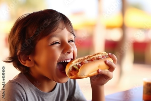 Happiness Boy Eats Hot Dog In In Desert Cafe