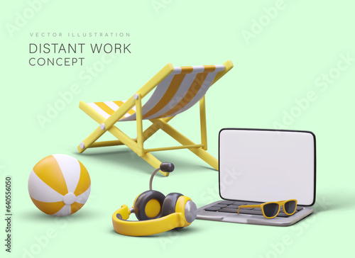 Distant work concept. Free schedule. Alternation of work and rest. Workplace in comfortable conditions. Poster made of realistic vector elements, place for text