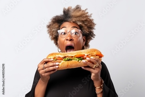 Surprise African Middle Aged Woman Holds And Eats Sub Sandwich On White Background