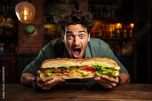 Surprise Man Holds Very Big Sub Sandwich On In A Rustic Pub