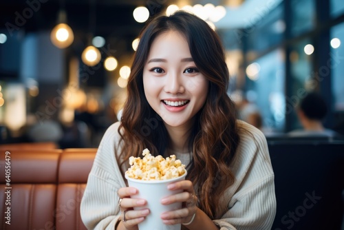 Surprise Asian Woman Eats Popcorn In In A Cafe In Paris