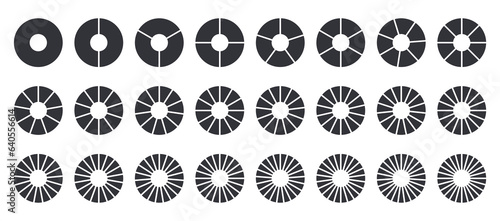 Circles divided into parts from 1 to 24. Black round chart for infographic, pie portion or pizza slice. Wheel division into fractions, circular shape sectors on white background