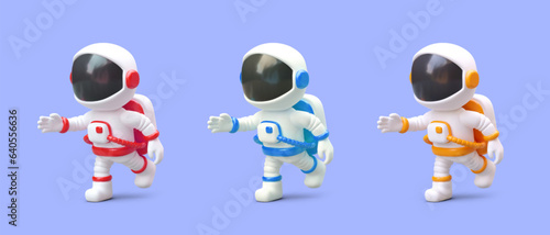 Realistic astronaut in suit. Character in process of movement. Set of images in different colors. Human in space suit is in hurry, running. Isolated vector illustration with glare and shadows