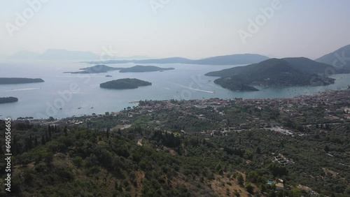 Amazing Aerial panoramic view of Nidri Bay at Lefkada Island, Ionian Islands, Greece photo