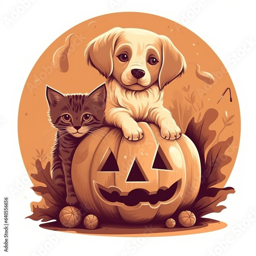 Illustration of a kitten and a puppy sitting with a carved pumpkin or lantern, cute drawing 